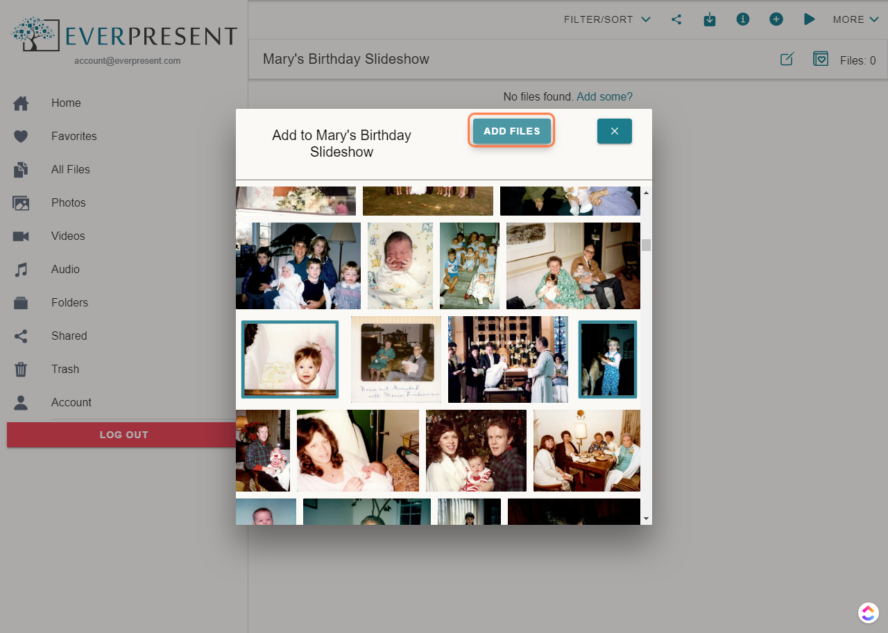 Click anywhere on the thumbnail to select it, and click "Add Files" when you are done to add the selected files to your folder.