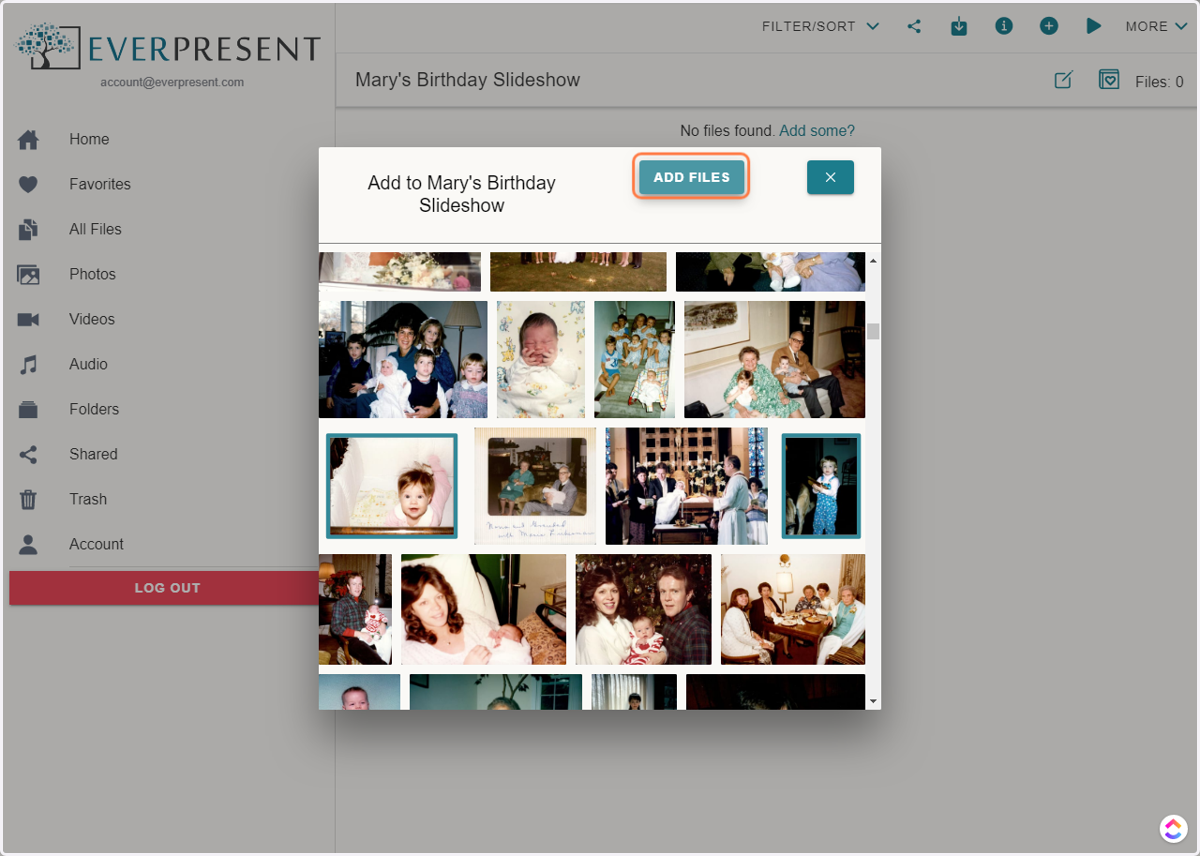 Click anywhere on the thumbnail to select it, and click "Add Files" when you are done to add the selected files to your folder.