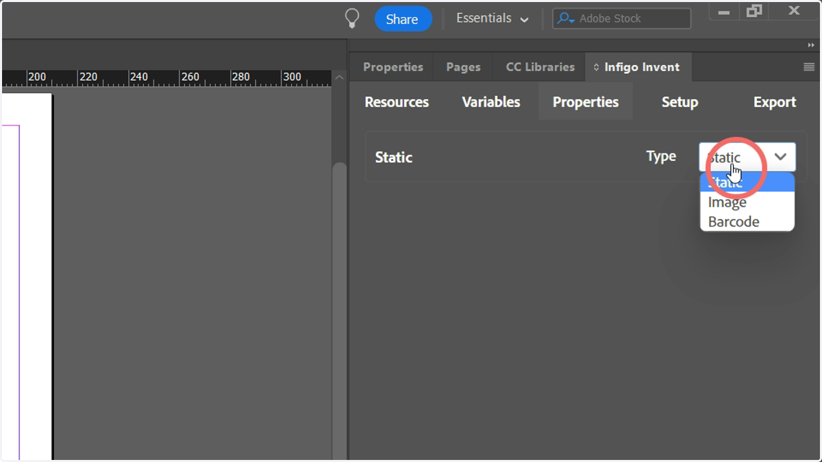 Here, you will see a dropdown allowing you to select between Static, Image or Barcode.