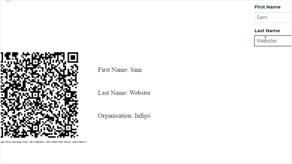 The QR code is successfully generated and is automatically updated to reflect the information placed into the linked variables.