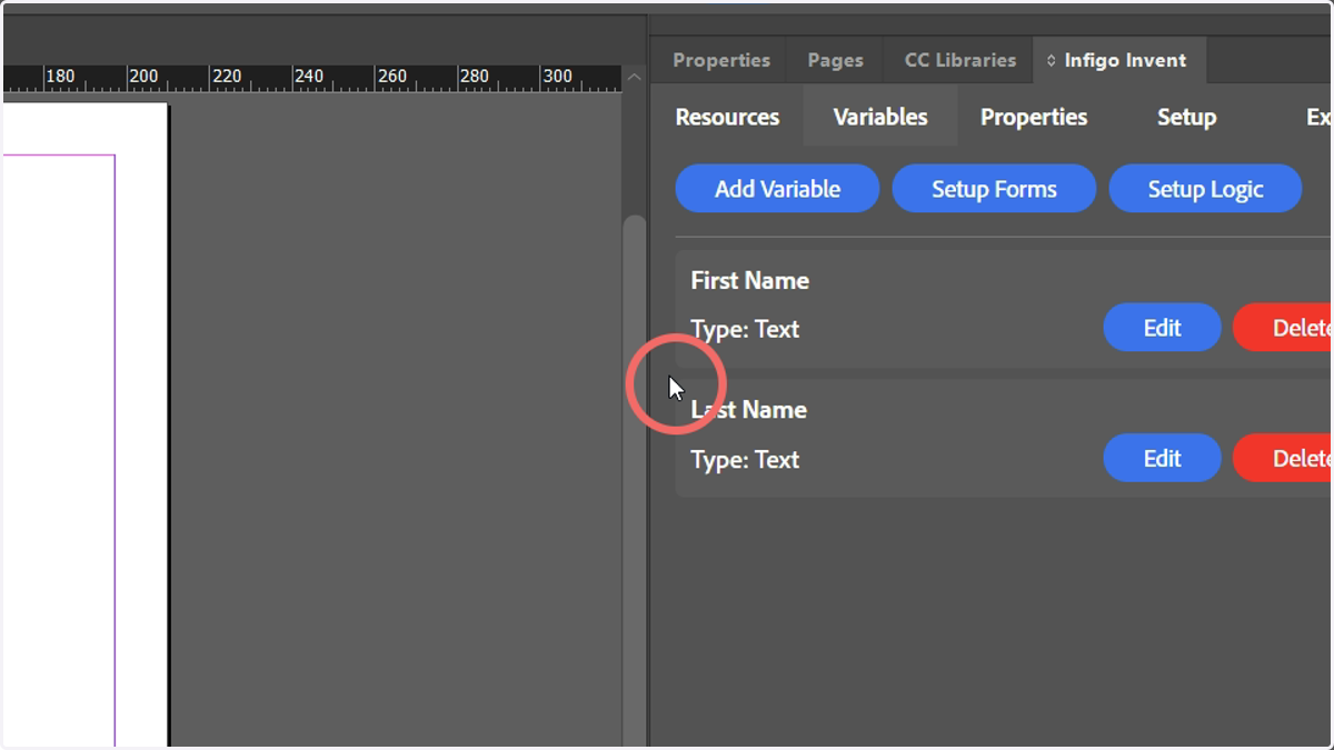 Here, we have created "First Name" and "Last Name" text variables