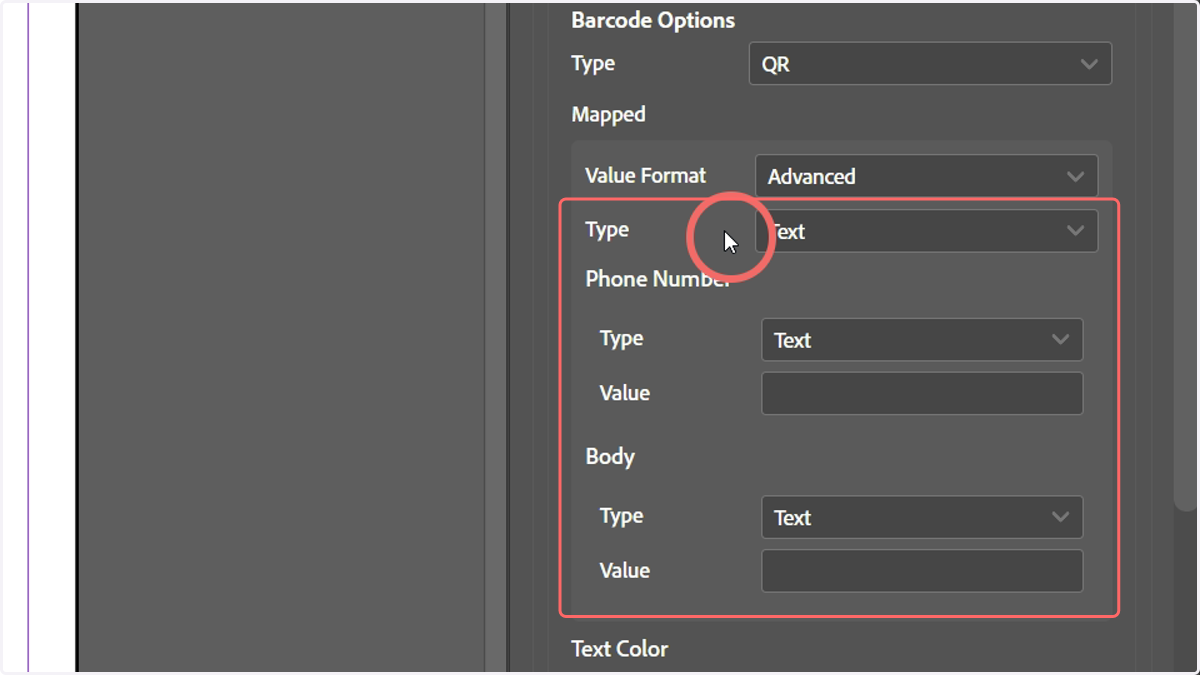 The Advanced Text option allows you to input a phone number and a body, either as static text or linked to a variable