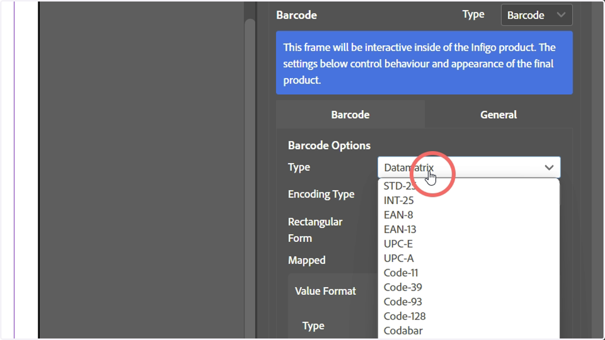The Type dropdown let's you switch between the type of barcode (Or AIDC) you would like to generate