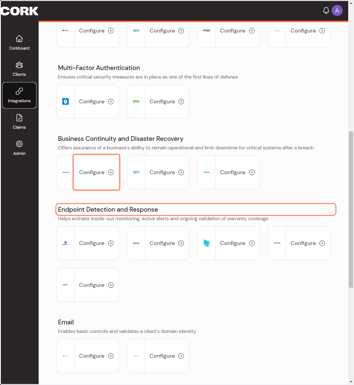 Locate the Acronis connection and click Configure