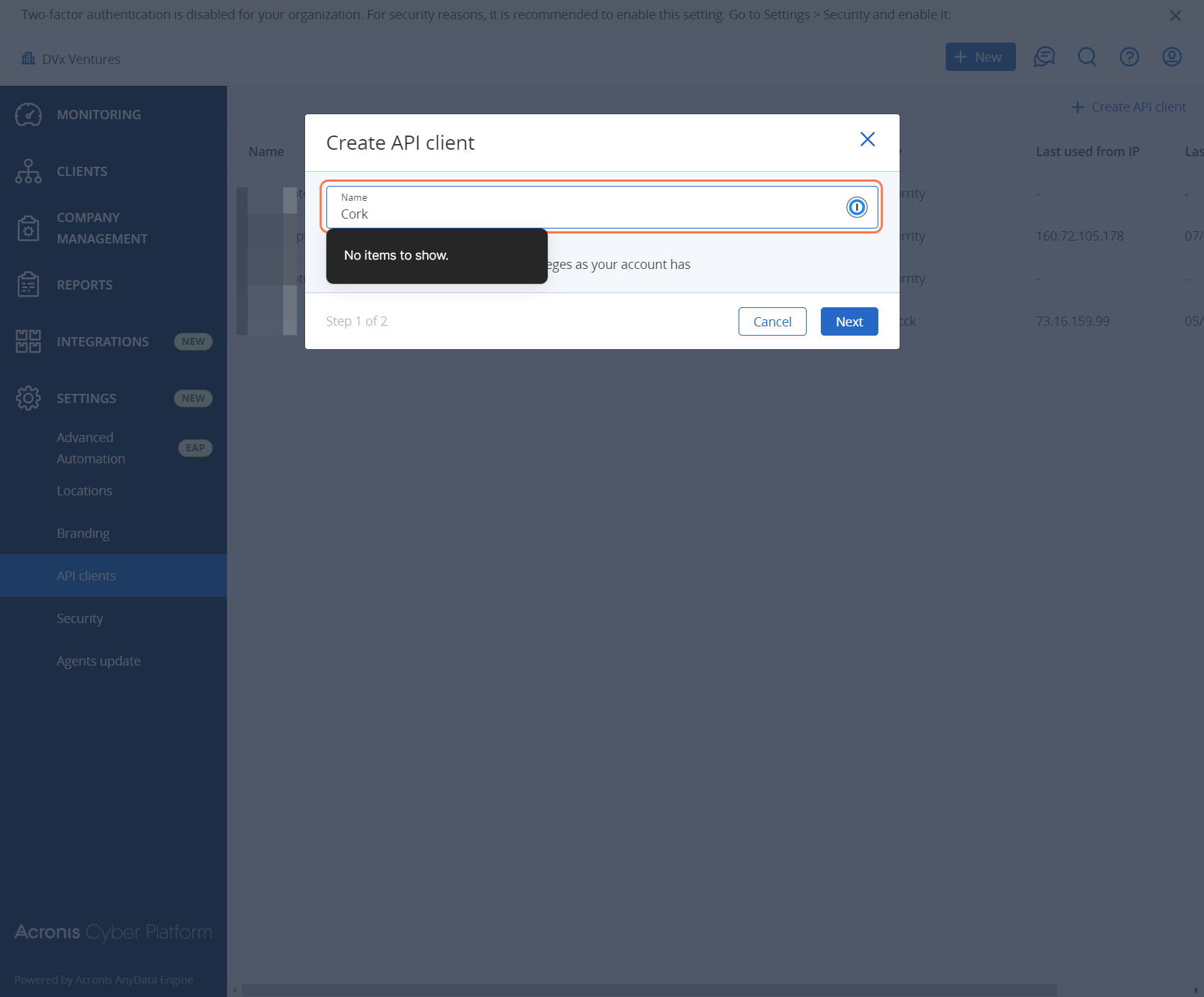 Enter a name for the API client, i.e. "Cork"