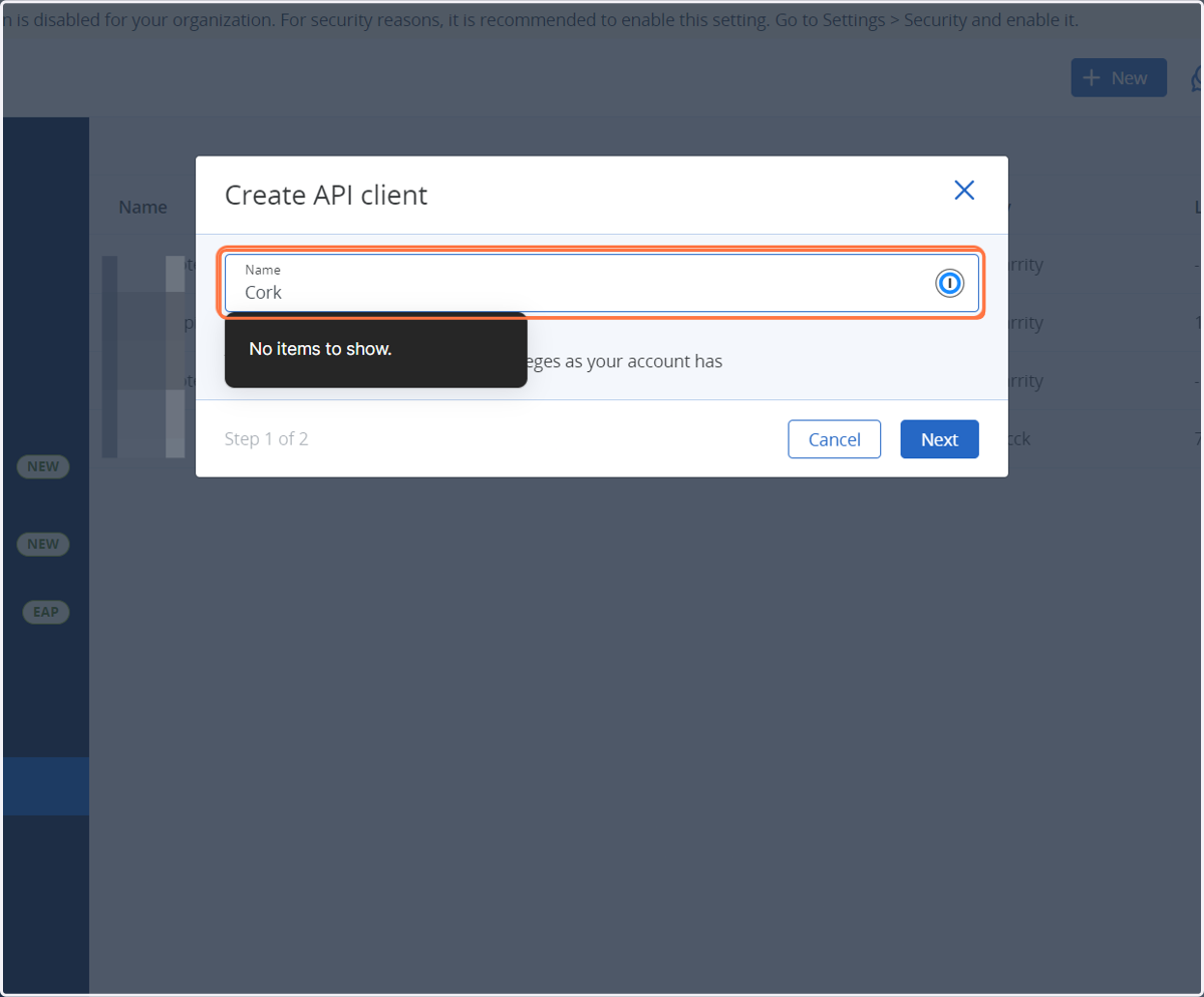 Enter a name for the API client, i.e. "Cork"