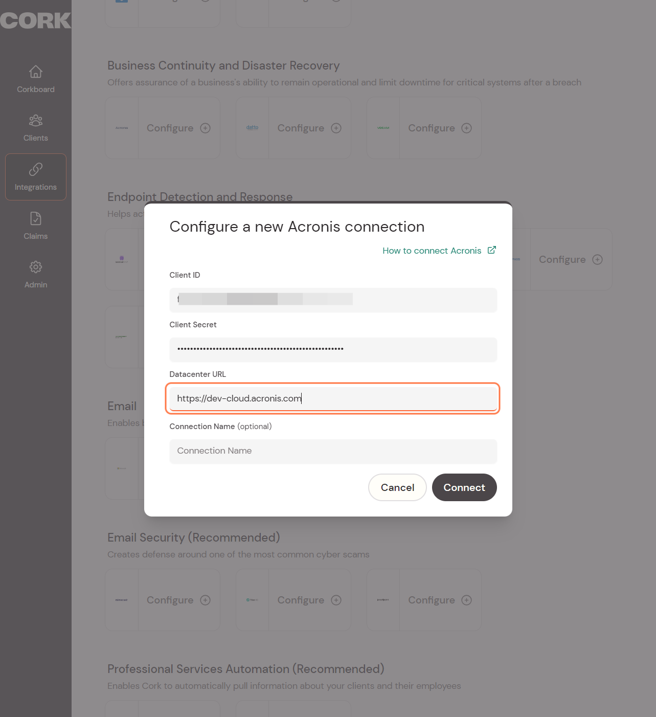 Paste your client ID, then copy and paste the Client Secret and enter your datacenter URL name from the Acronis browser window that is still open.