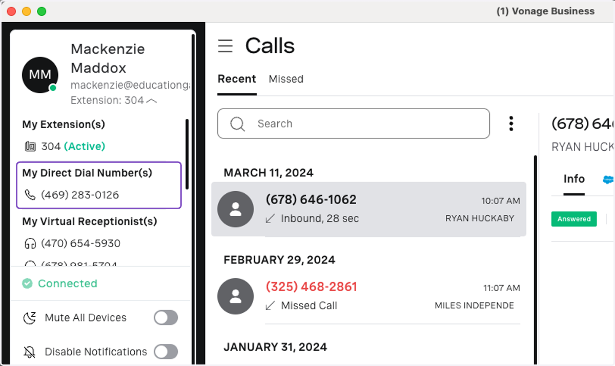 Copy your Direct Dial Number