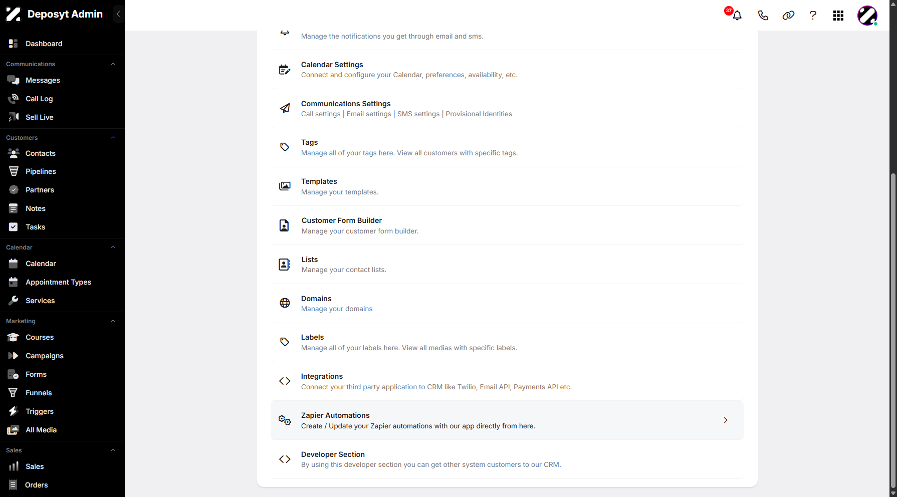 Step 3: You will then be taken to the Settings page. Scroll down and click on Zapier Automations to continue.