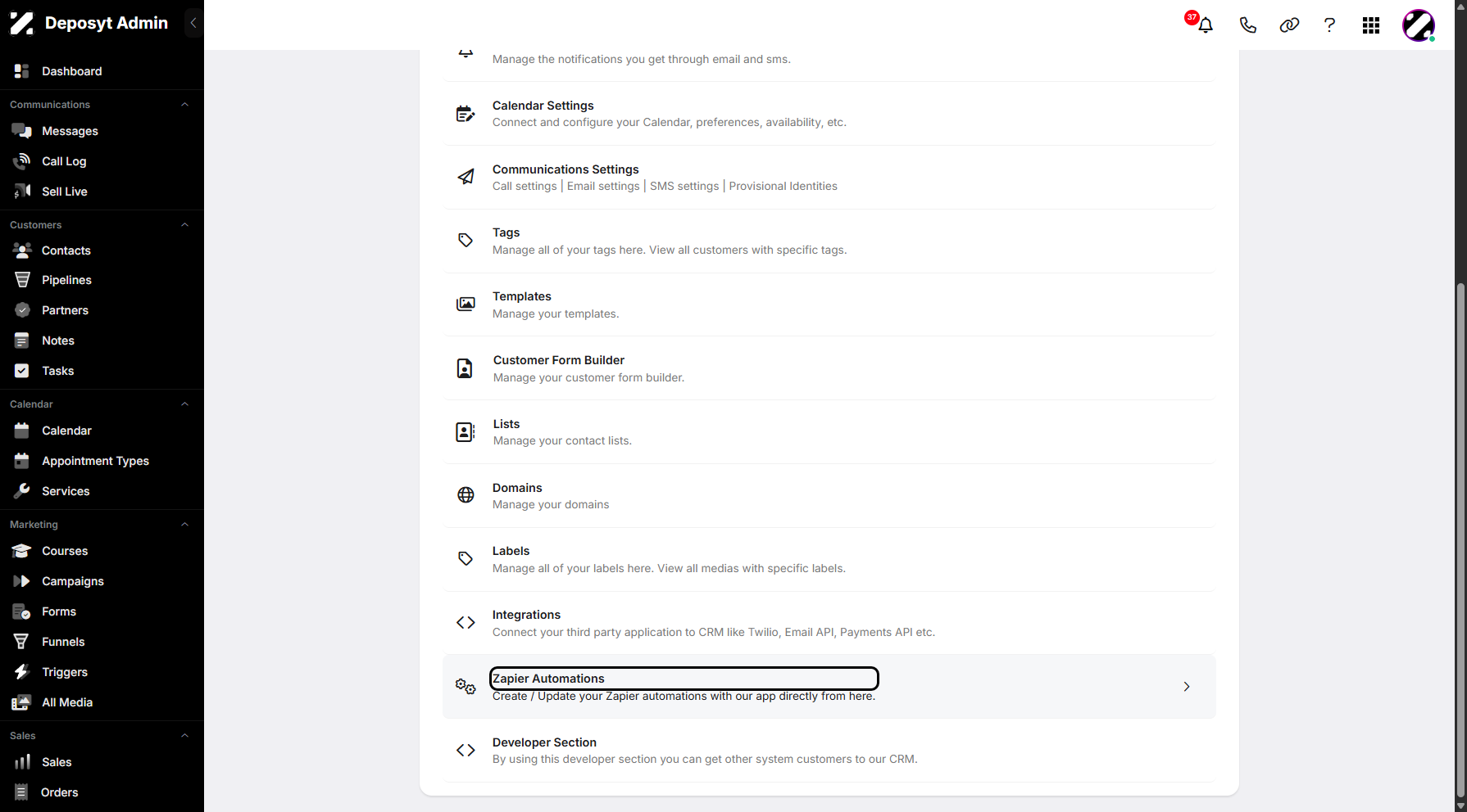 Step 3: You will then be taken to the Settings page. Scroll down and click on Zapier Automations to continue.