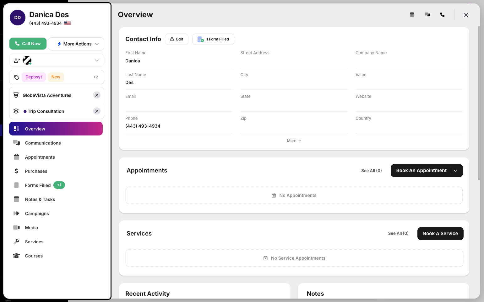 Step 3: You are now in the customer modal, where you can view the overview and perform actions for that specific customer.