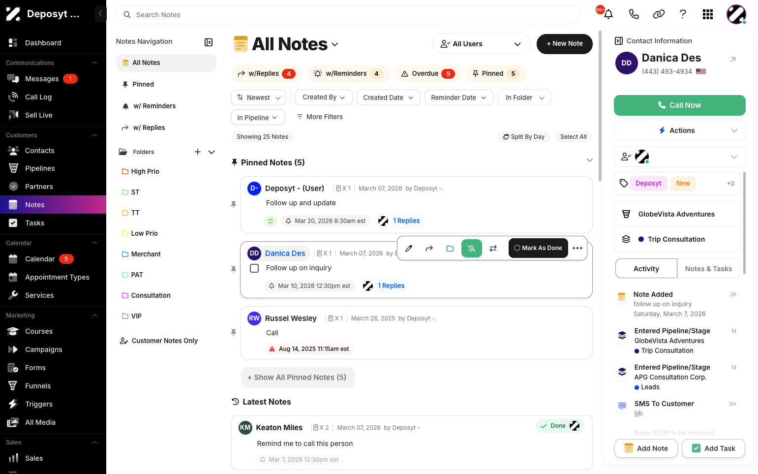 Accessing the Customer Modal from Notes