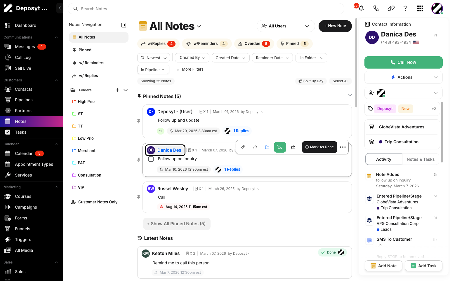 Step 2: Look for the customer’s name in the Notes overview. By clicking the name, you will be directed to the customer modal.