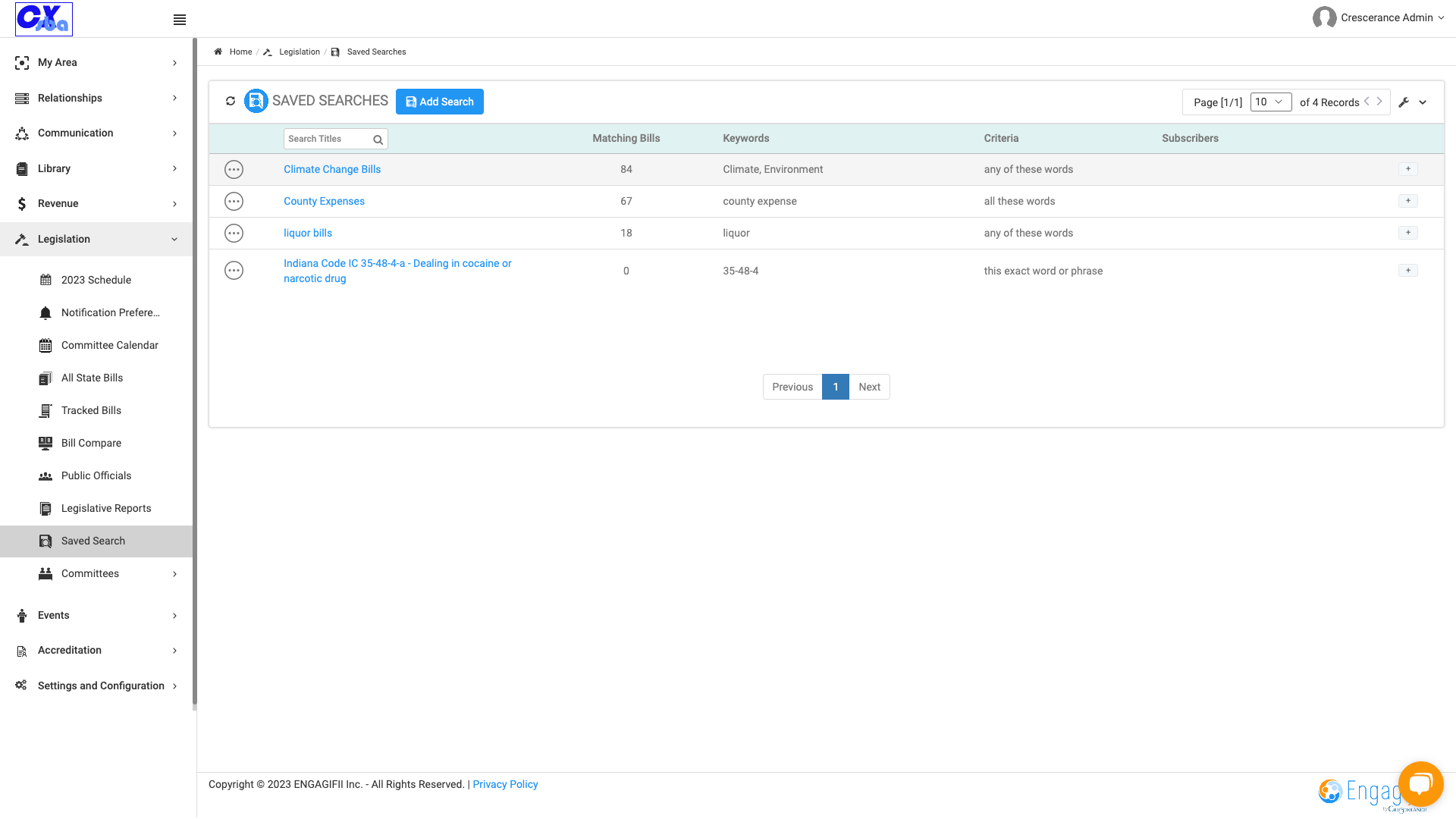 Your new search appears first in the list, with the number of bills found that meet your criteria.