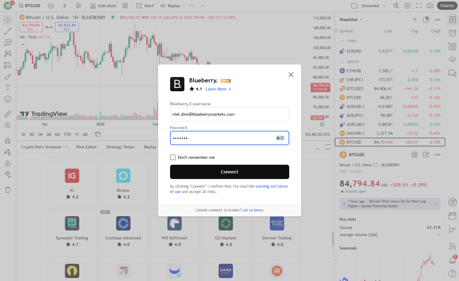 Then, type your TradingView (Powered by Blueberry.X) or Blueberry.X (DXtrade logins) password