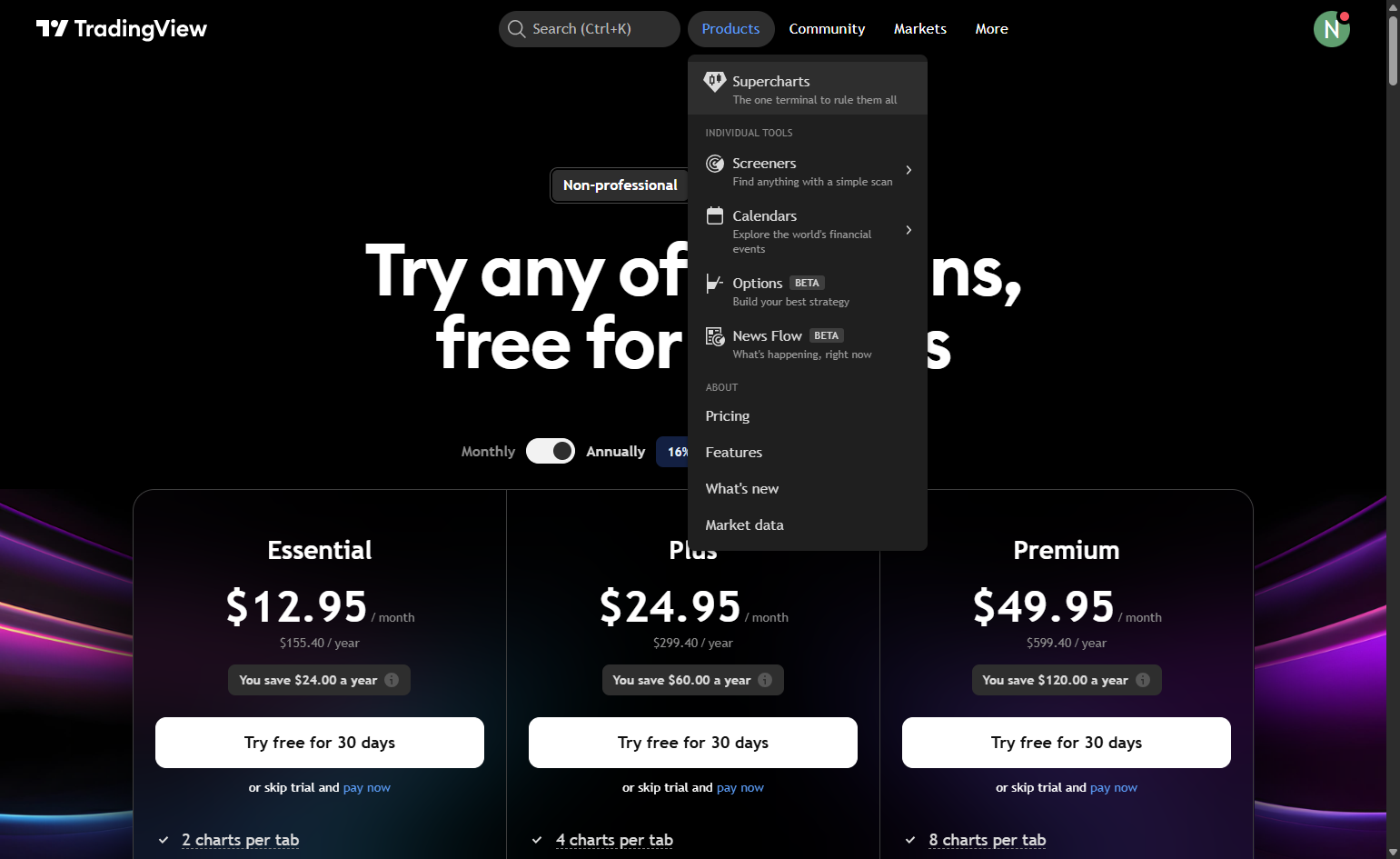 On the upper middle part of the page, hover your mouse to "Products" and click on "Supercharts"