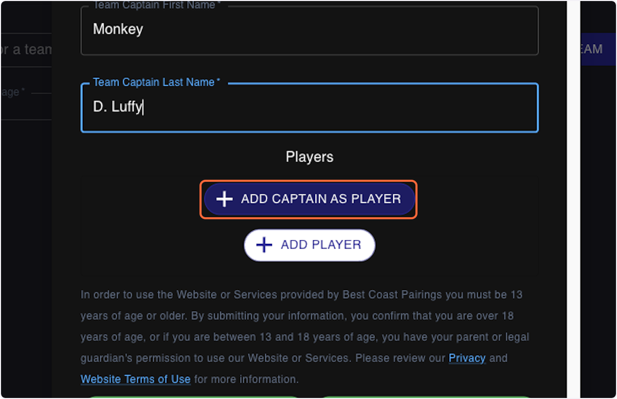 Clicking on ADD CAPTAIN AS PLAYER adds the Captain as a player