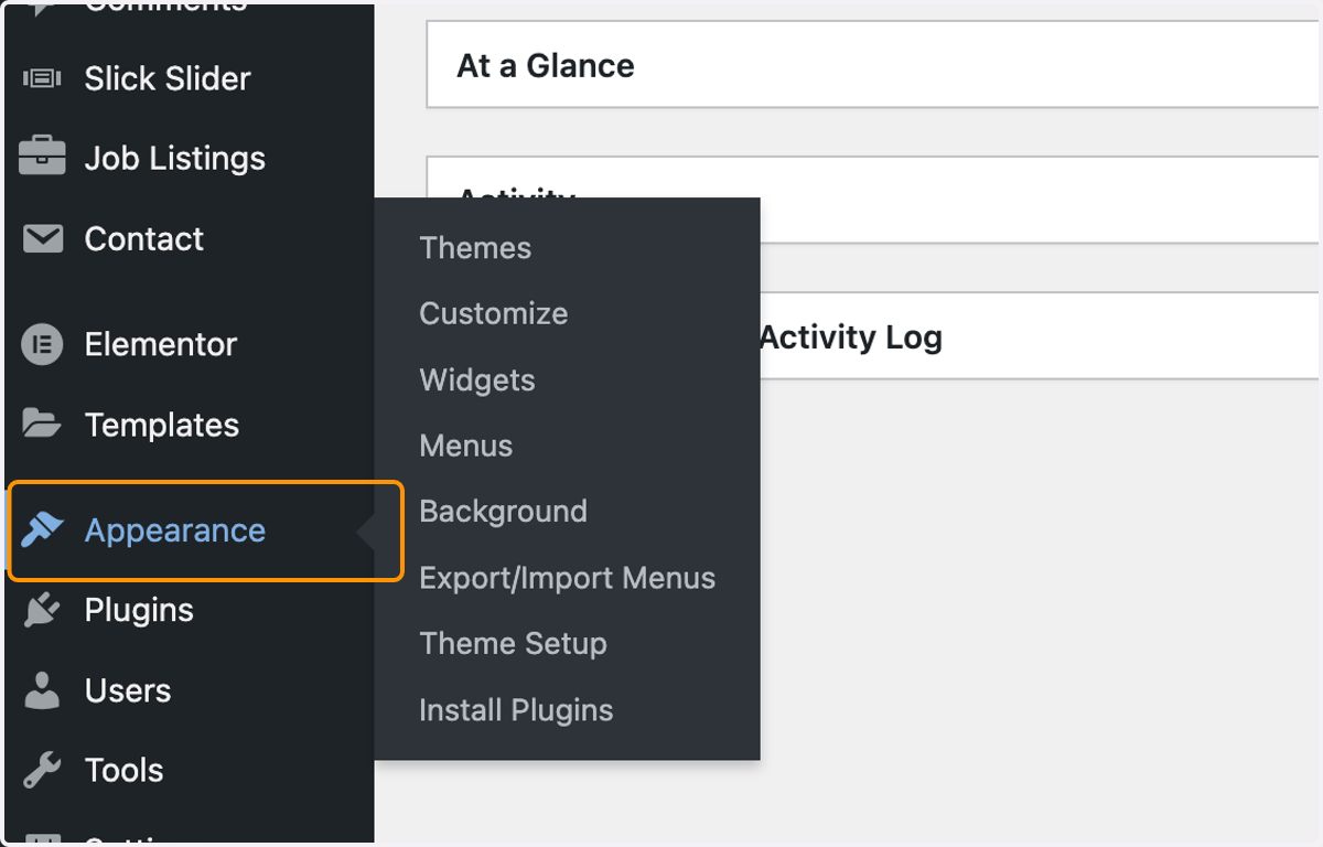 Click on Appearance on your WordPress Dashboard, left hand menu
