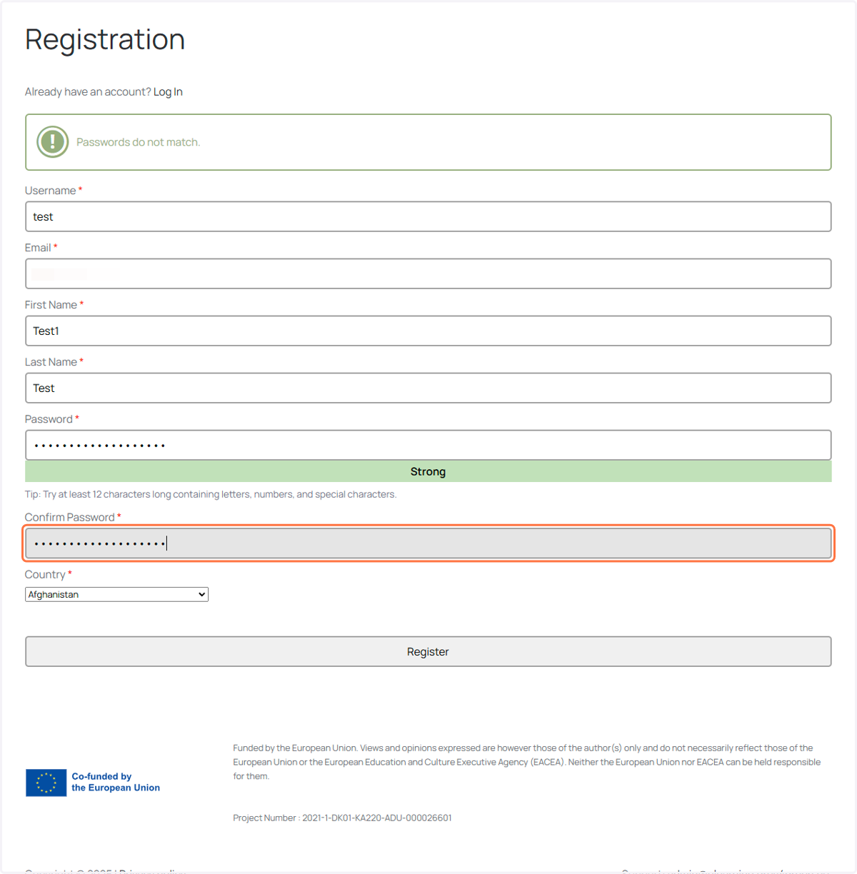 Click in Confirm Password field "type your password"