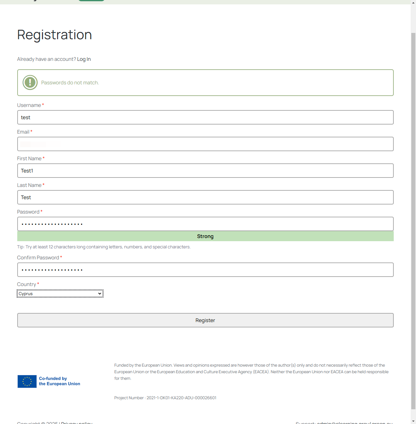 *Save somewhere safe your credentials for logging in the platform (username and password) before you Click on Register