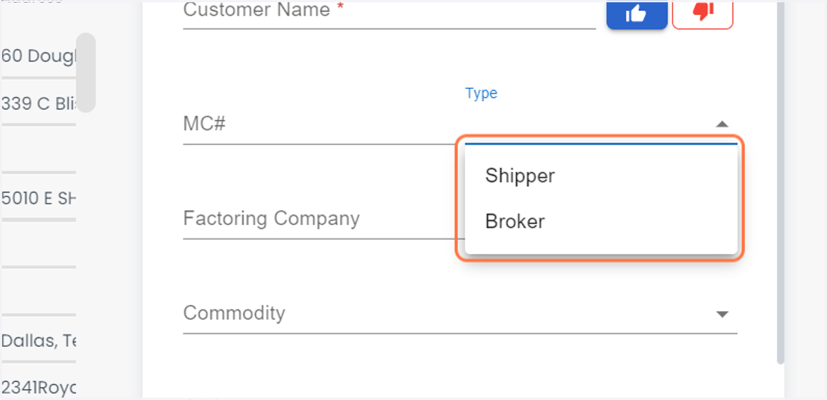 Select the type of the Customer: Shipper or Broker
