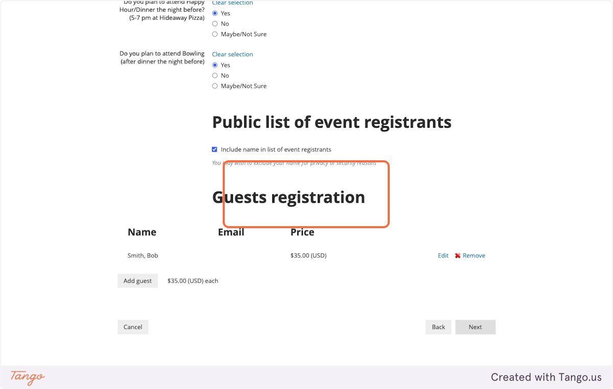 After you have added each additional registration (guest), click Next