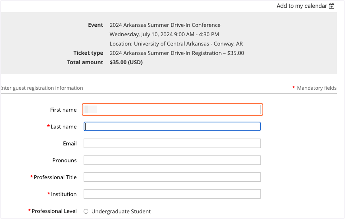 Complete the registration form for the next person you are adding to your event registration