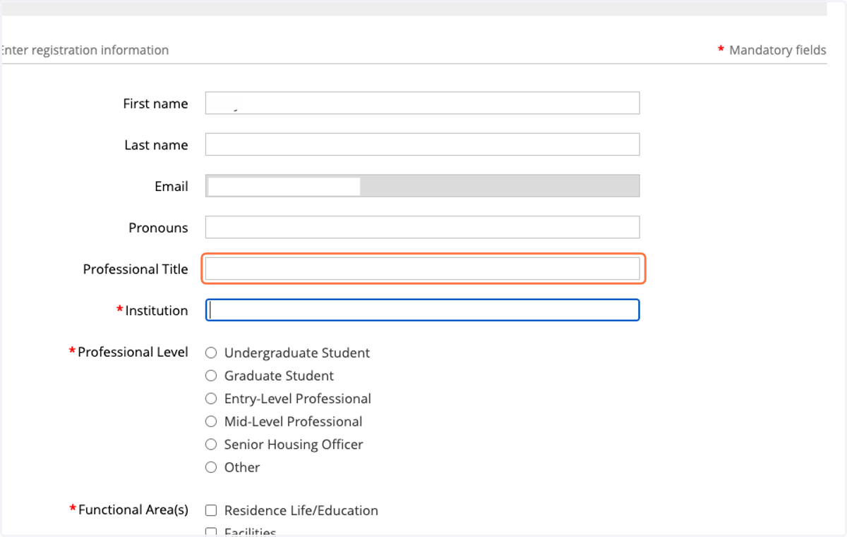 Complete the registration form fields for the specific event