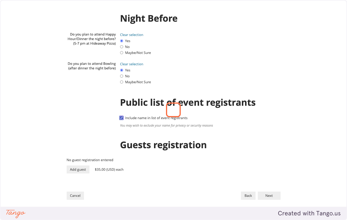 Choose whether or not you want your name to appear in the public list of event registrants