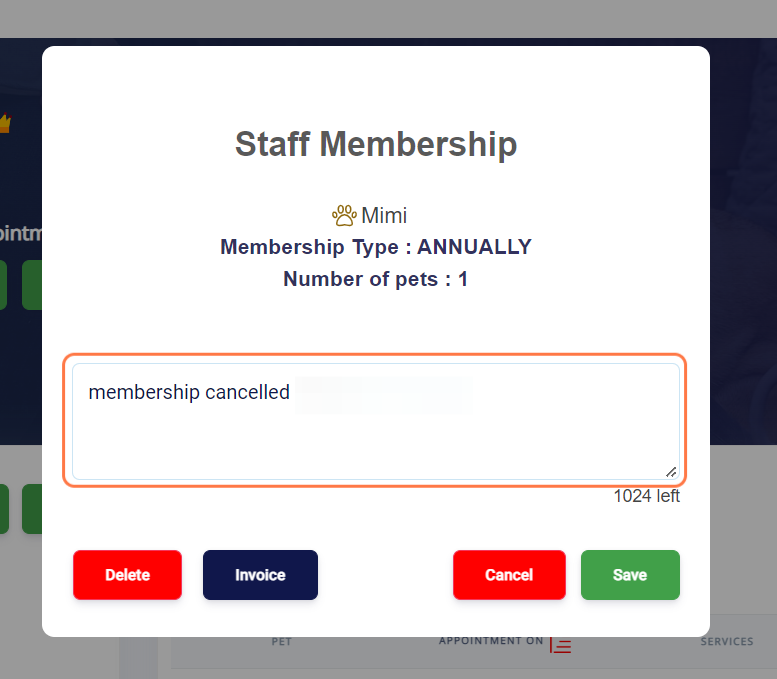 Type in the notes section the reasoning for the cancellation/removal. Optional. [See example below.]