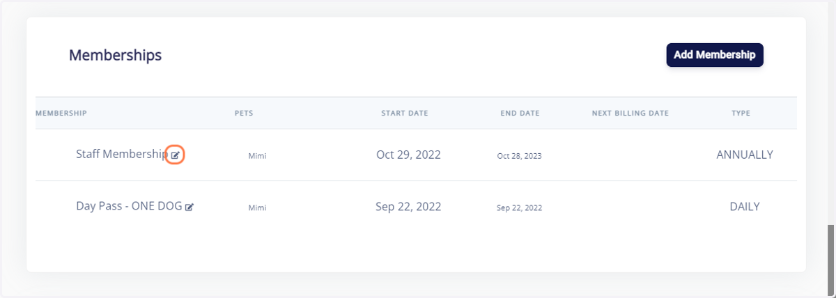 Select the edit button next to the associated membership that you would like to cancel. Example: Staff Membership