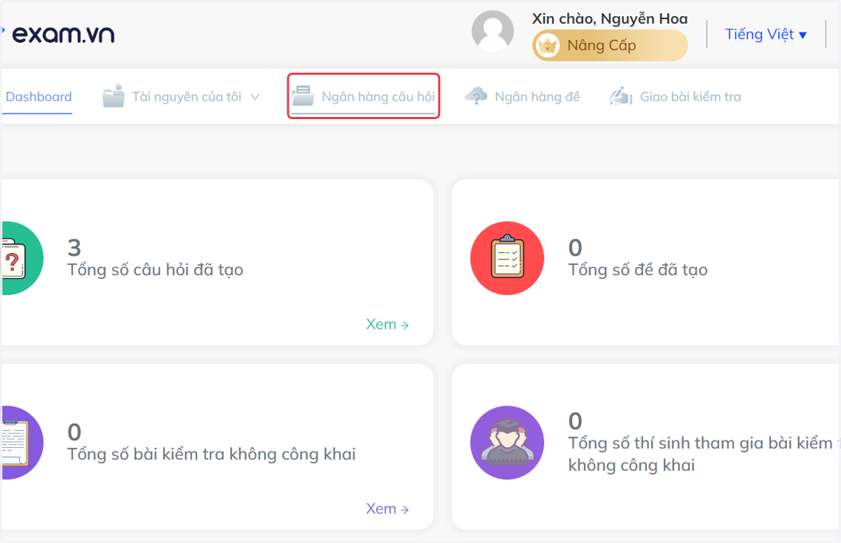 Nhấn chọn "Ngân hàng câu hỏi"
