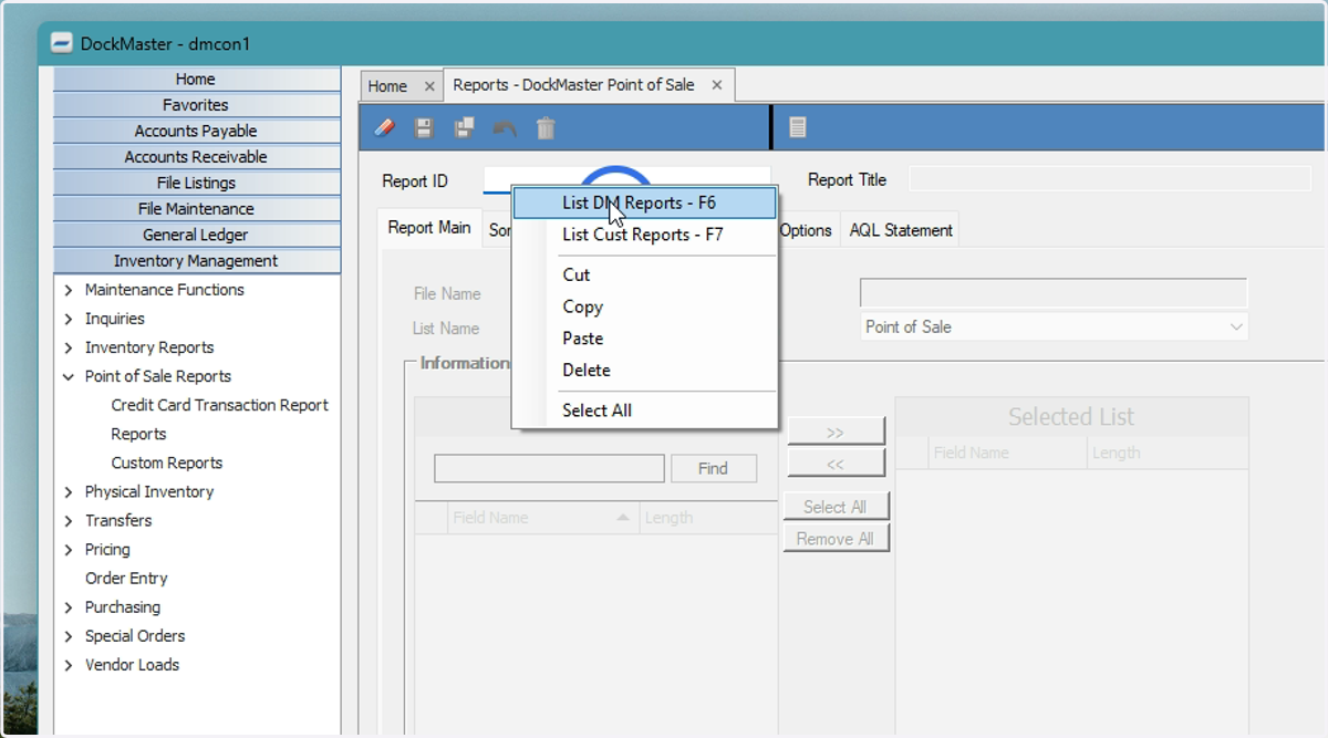 Click List DM Reports or click F6 in the text box