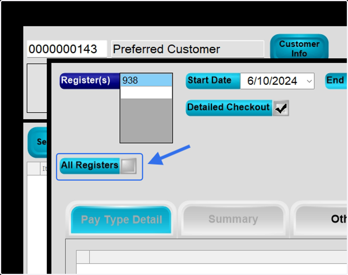 The Register is Automatically Selected. If closing multiple tills (see below) select the Register to close by checking the All Registers box.