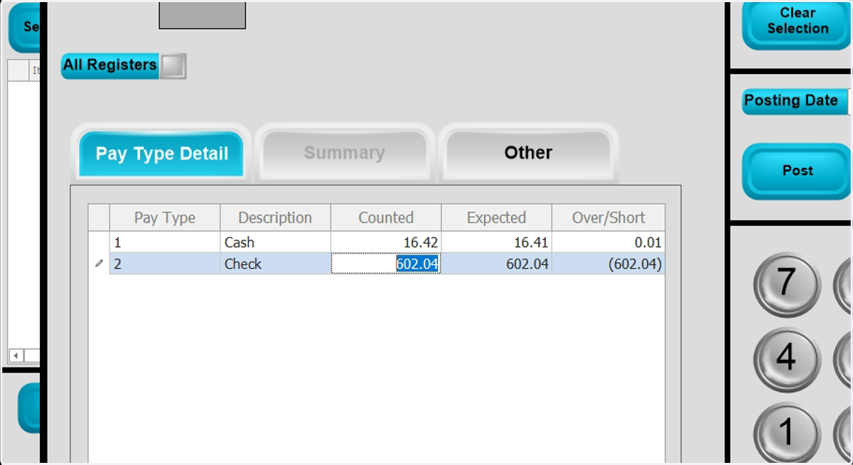If the incorrect amount is entered for the Cash count, the amounts entered will result in a cash/over short journal transaction being created for Cash.
