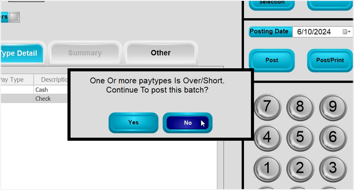 A warning will display regarding this Over/Short issue so you can verify that the amounts you entered are correct.