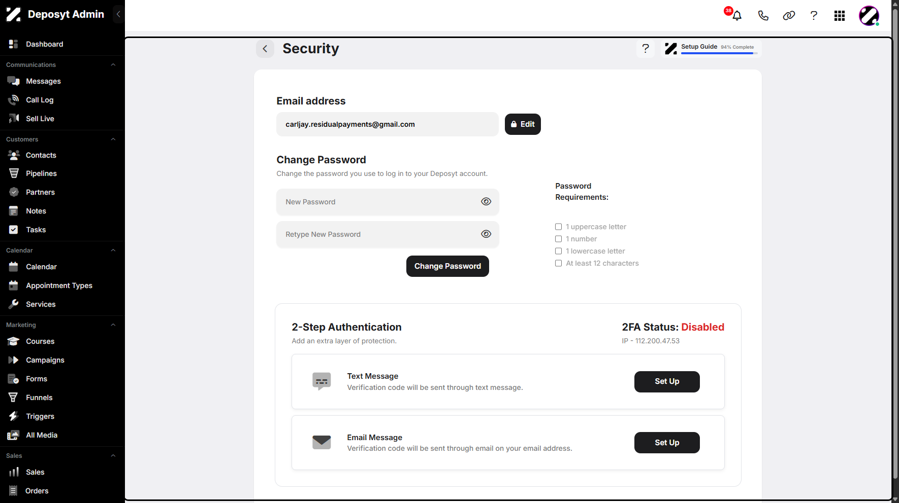 Step 5: You will be taken to the Security settings tab, where you can manage your email address, change your password, and set up two-step authentication.
