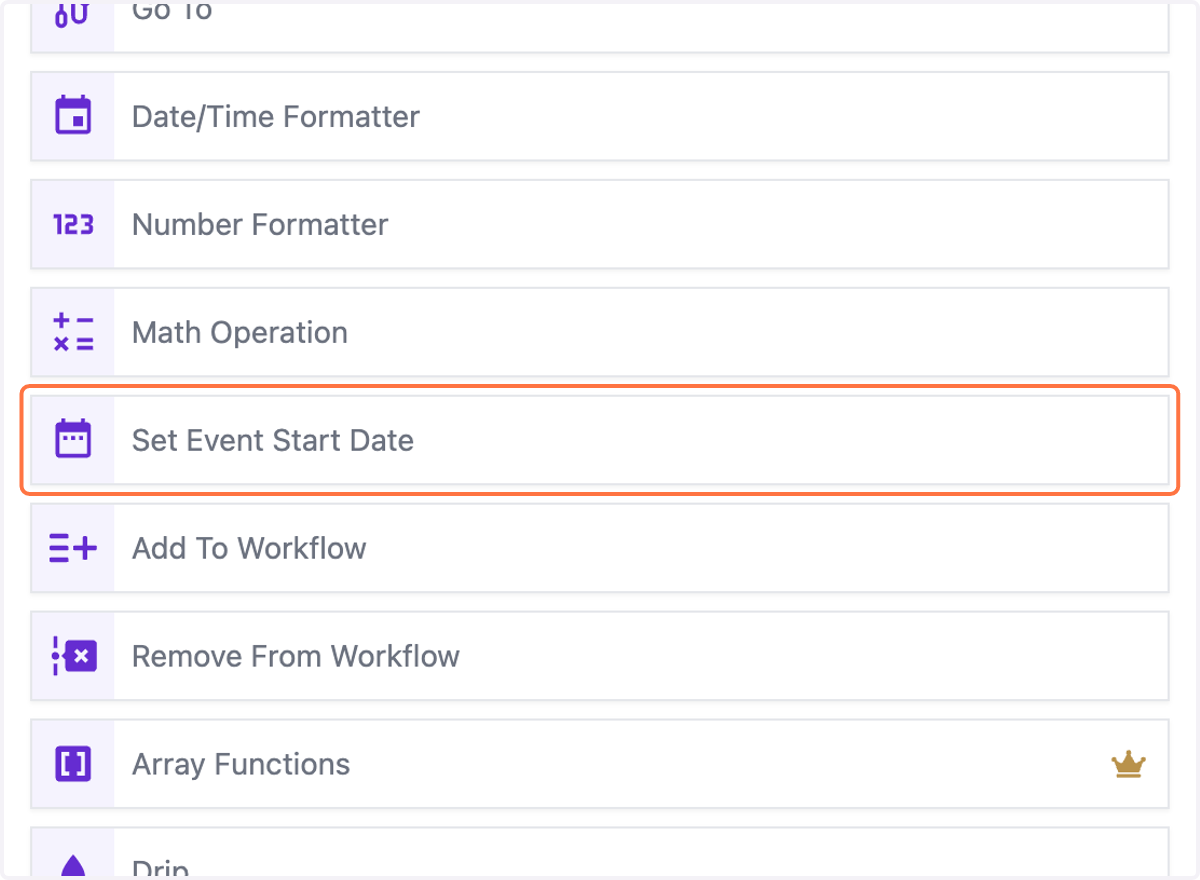 From the action menu, select ‘Set Event Start Date’. This will open a configuration panel where you can set up the event's date parameters.