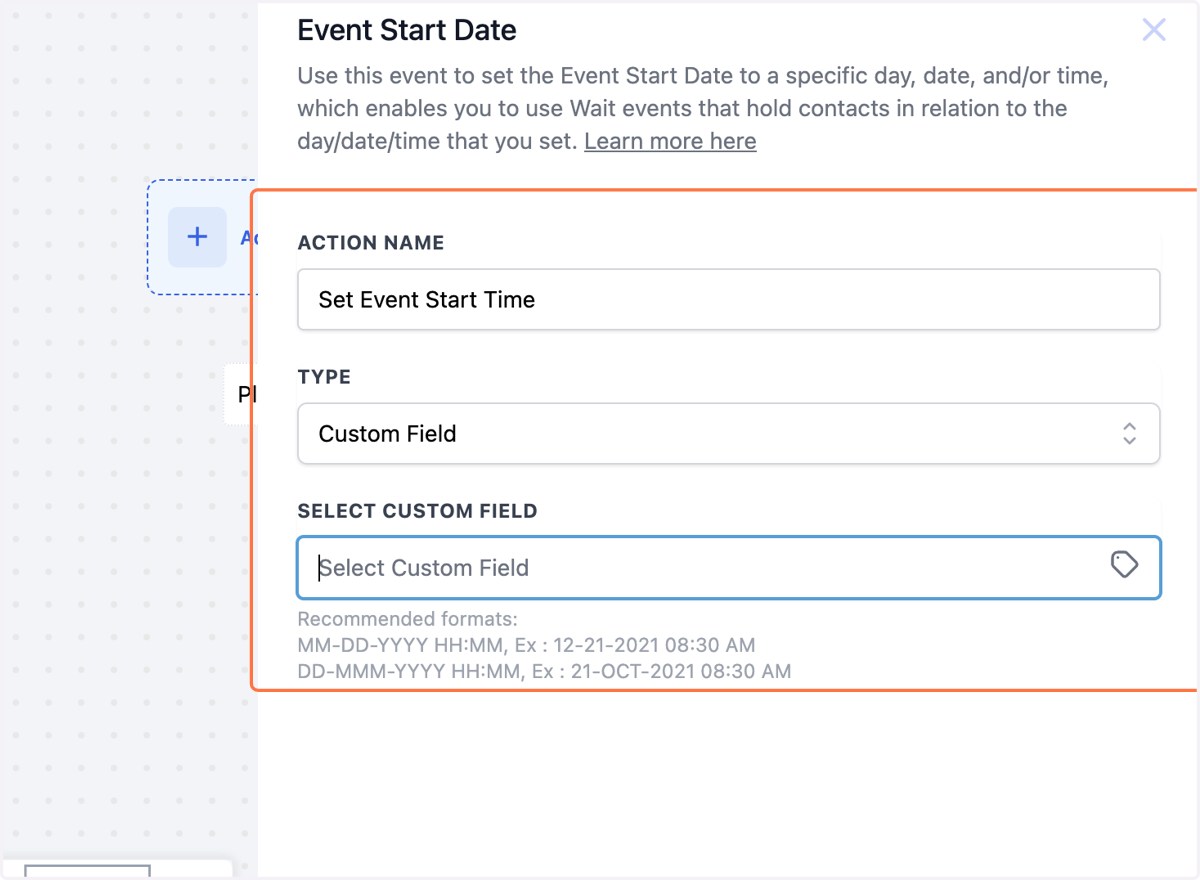 For Custom Fields, you can use pre-created Custom Date Field custom values to tell the workflow what event date you want to specify.
