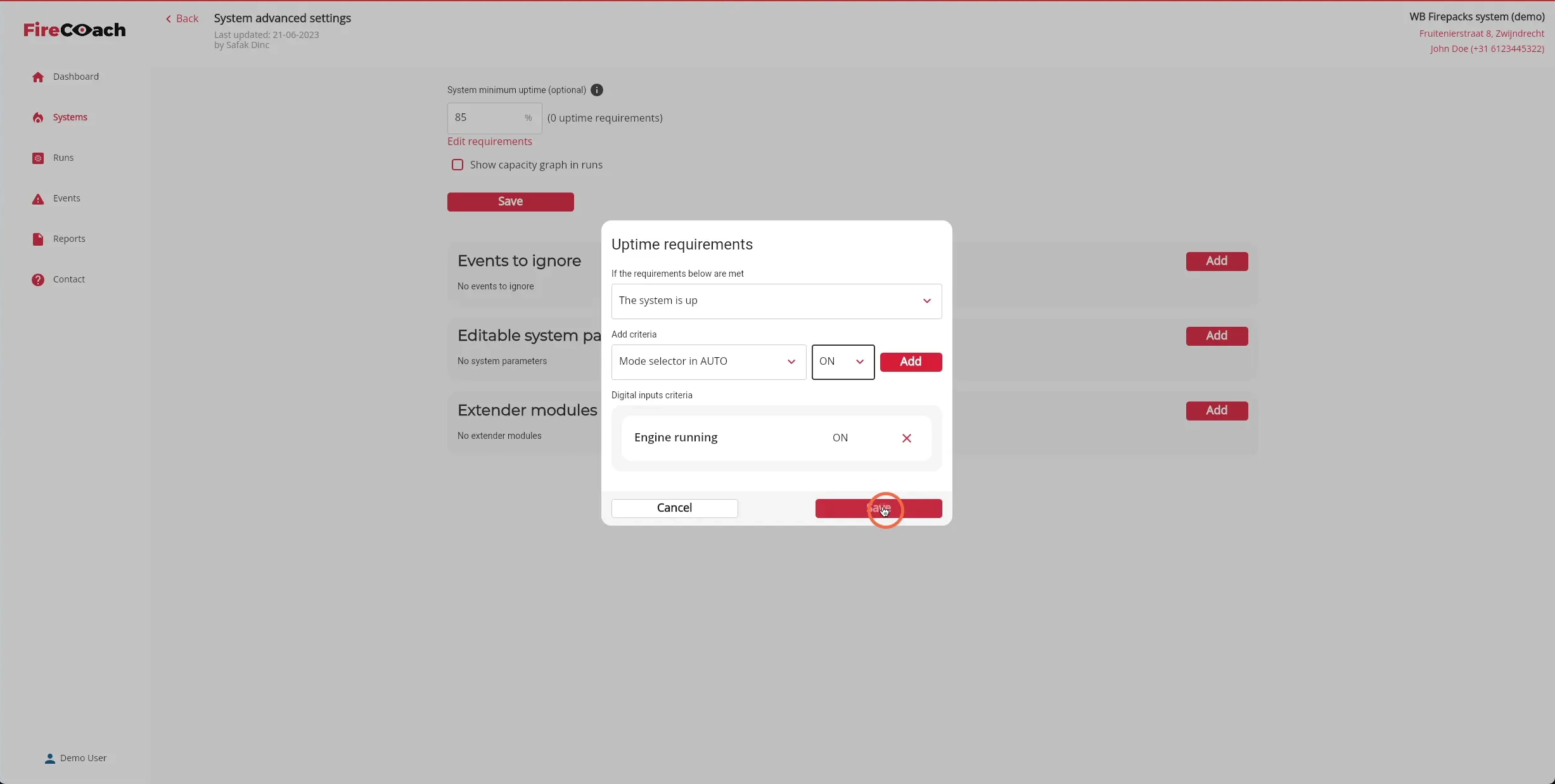 Click 'Save' to save the requirements for this Firepack