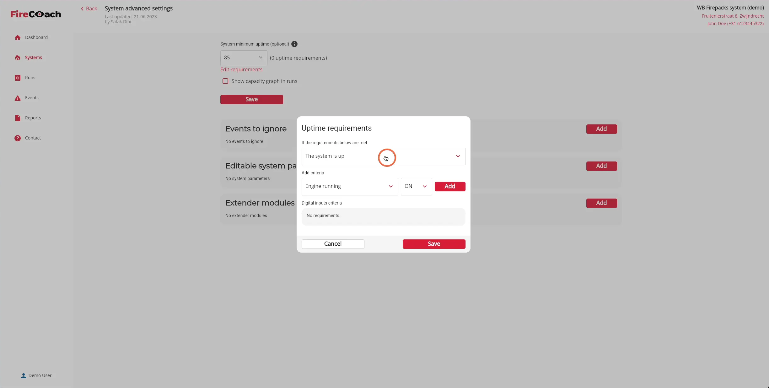 Click on the dropdown to choose between the system is up or the system is down