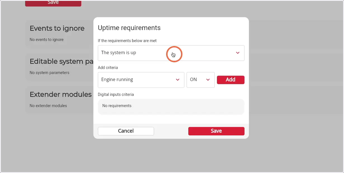 Click on the dropdown to choose between the system is up or the system is down