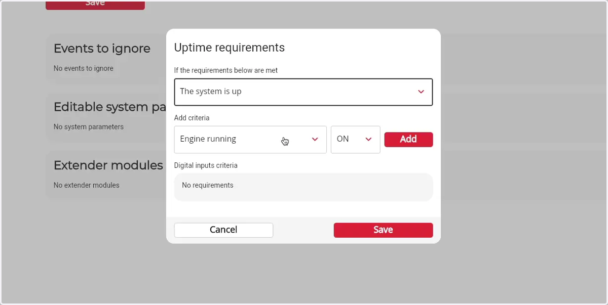 Click on the criteria to choose the requirement the uptime will be measured fore