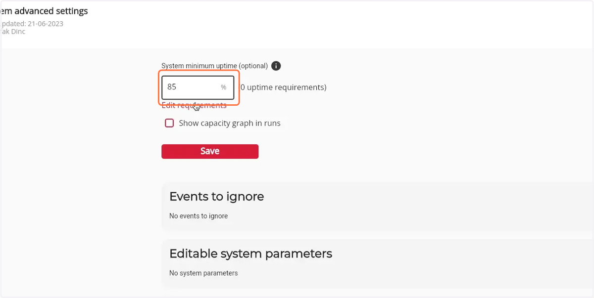 Enter the percentage that the system must achieve to be seen as running