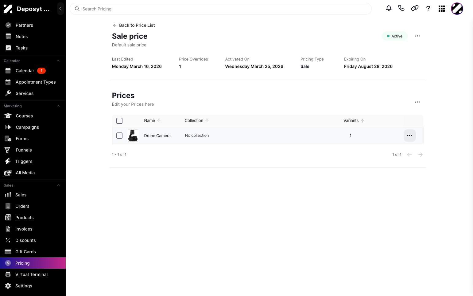 Step 4: Scroll down to Prices and click the three-dot menu on the product.