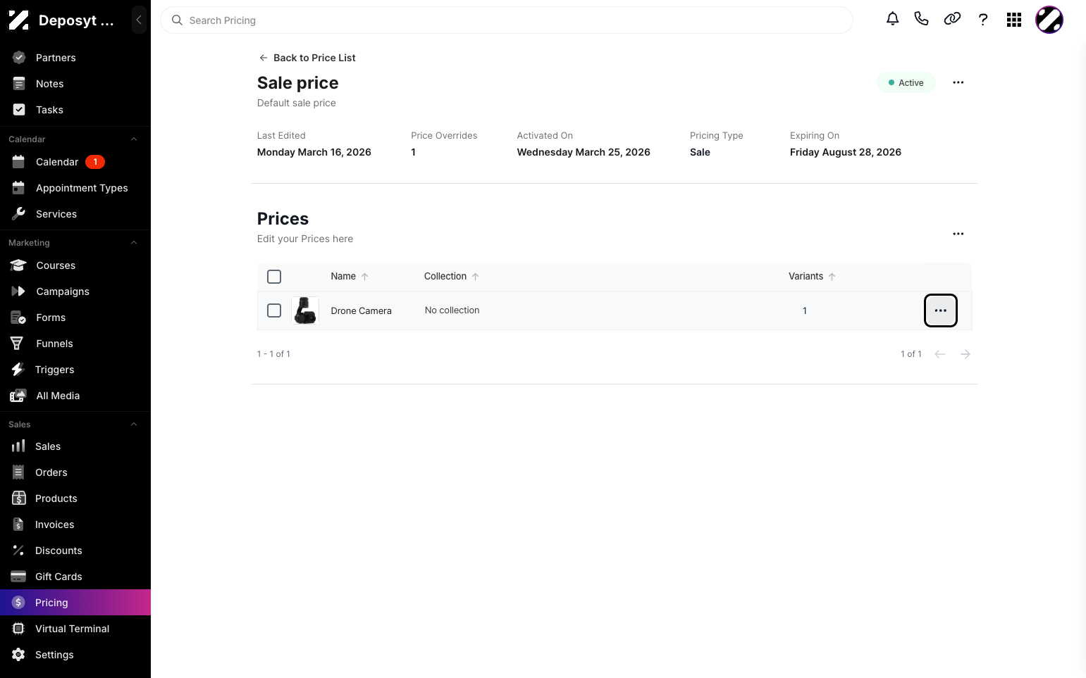 Step 4: Scroll down to Prices and click the three-dot menu on the product.