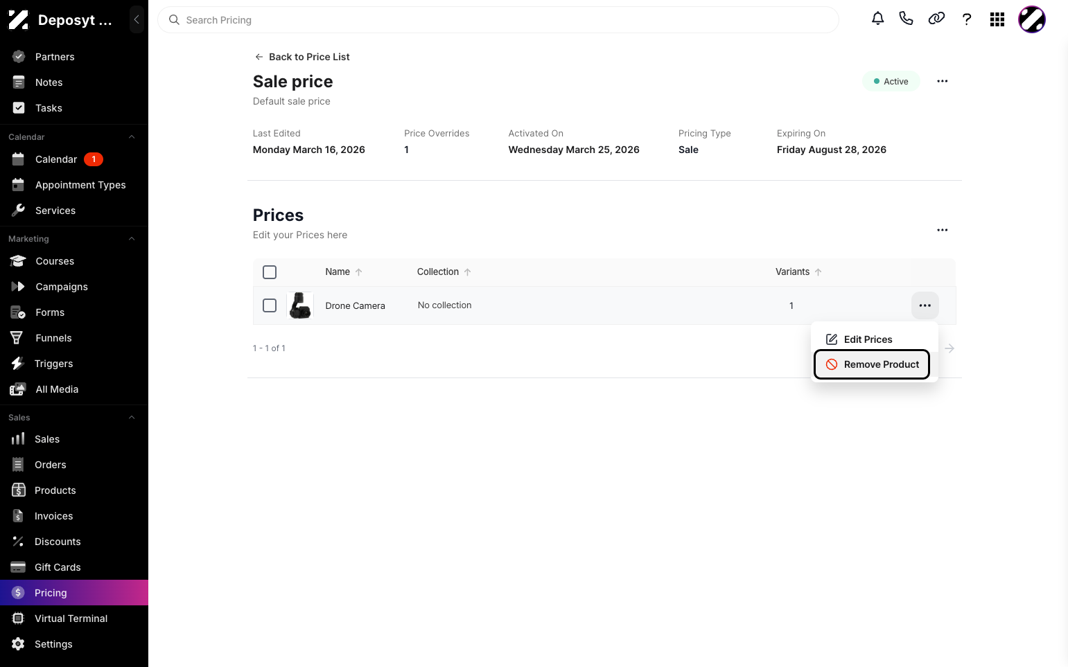 Step 5: An option to Remove Product will appear. Click it to remove the product.