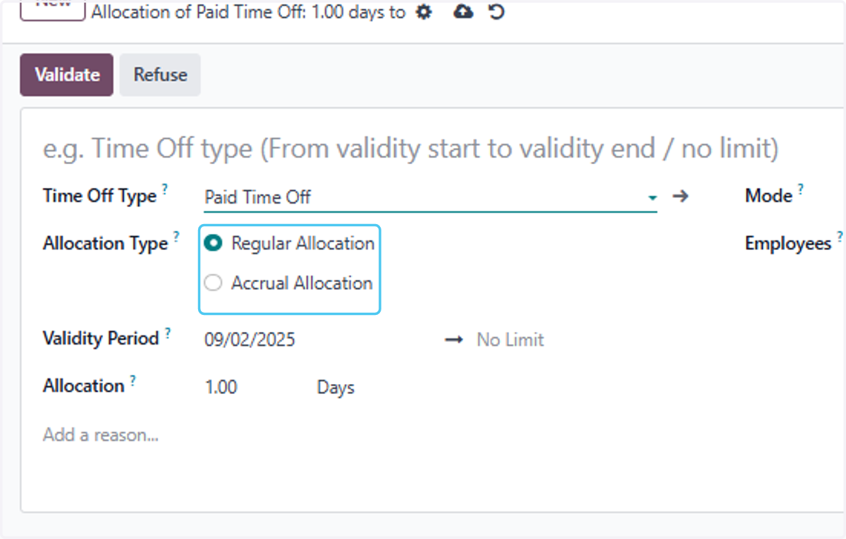 Click on Allocation Type here. You can click on the regular allocation and the Accrual allocation if you want to make an accrual allocation