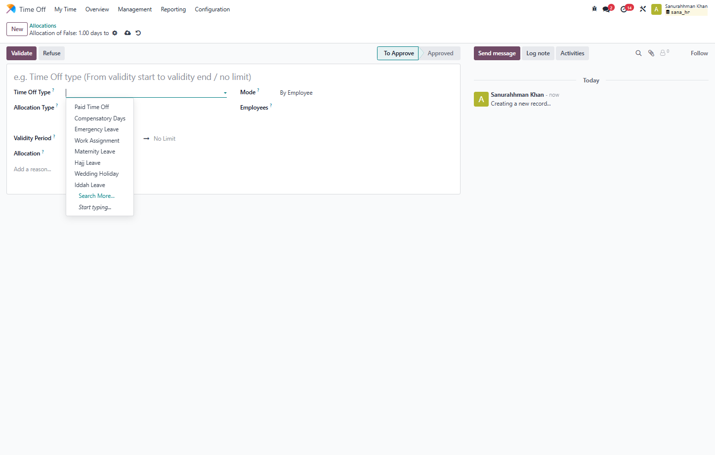 Select the Time Off type that you want to allocate to employee