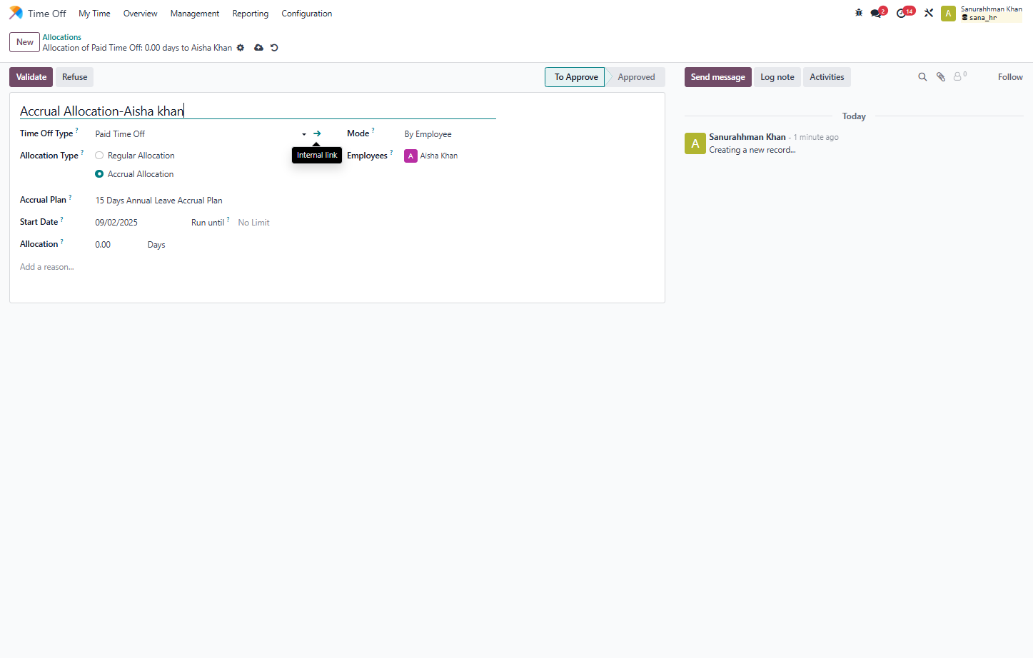 Click on Internal link to see the accrual plan